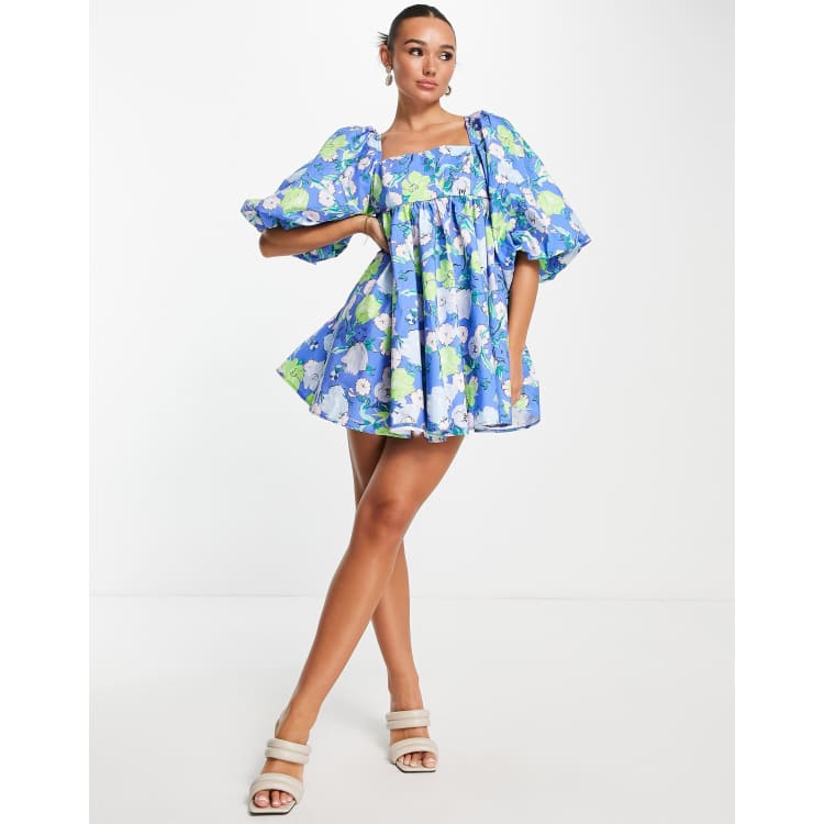 asos edition puff sleeve mini dress in printed sequin ASOS EDITION puff sleeve empire mini dress in abstract blue floral print