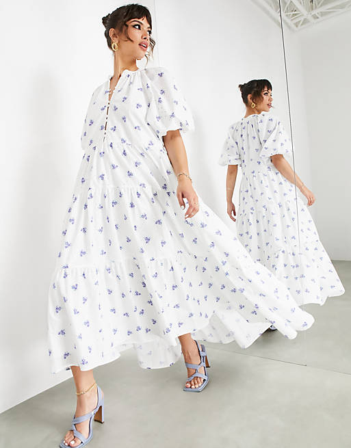 ASOS EDITION puff sleeve midi dress in ditsy floral printed broderie