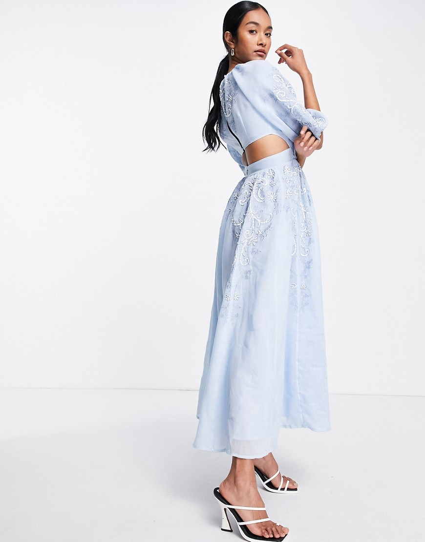ASOS EDITION puff sleeve midi dress with cut-out back and beaded embroidery in blue