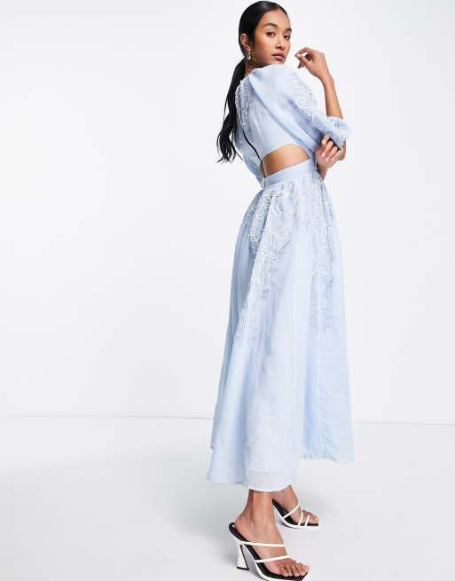 ASOS EDITION puff sleeve midi dress with cut out back and beaded embroidery in blue