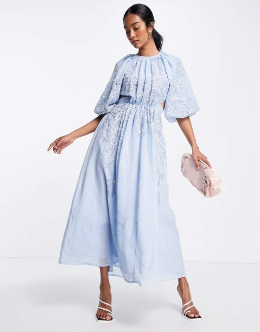 ASOS EDITION puff sleeve midi dress with cut out back and beaded embroidery  in blue