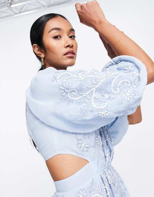 ASOS EDITION puff sleeve midi dress with cut out back and beaded embroidery in blue ASOS