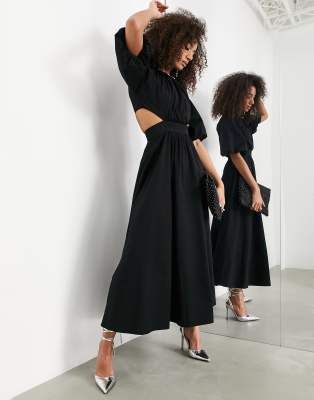 ASOS EDITION puff sleeve midi dress with cut out back in black