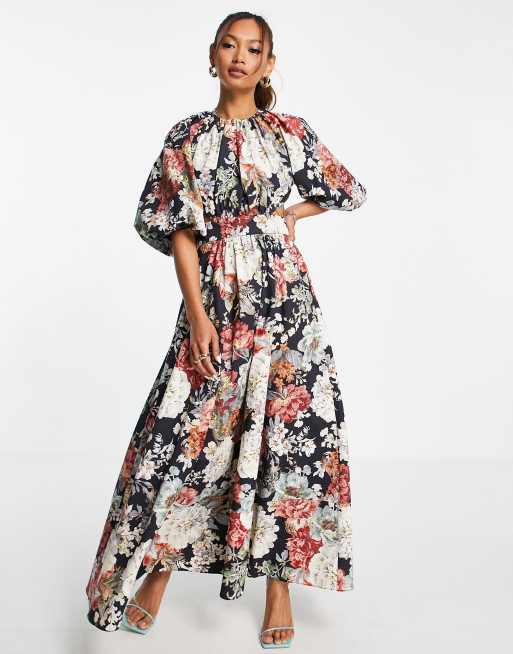 ASOS EDITION puff sleeve midi dress with cut out back in floral print