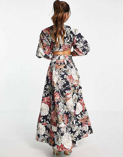 ASOS EDITION puff sleeve midi dress with cut out back in floral print