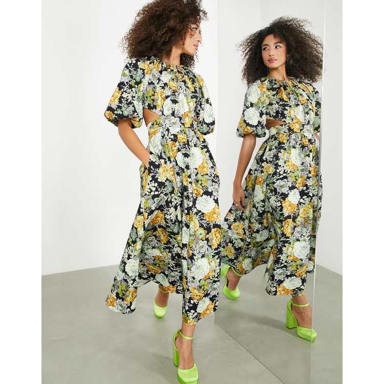 ASOS EDITION puff sleeve midi dress with cut out back in floral print