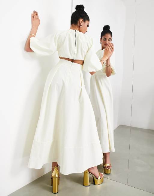 ASOS EDITION puff sleeve midi dress with cut out back in ivory | ASOS
