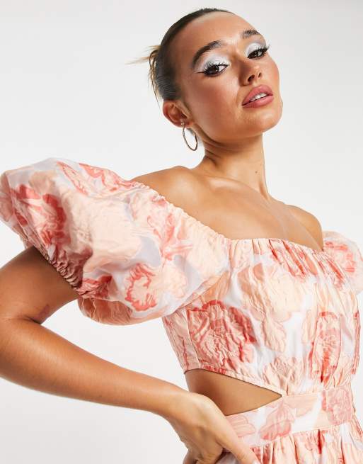 open lace back dress ASOS Luxe Lace Bubble Hem Mini Dress With Puff Sleeves In Pink