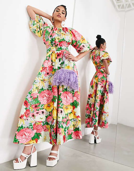 pink puff sleeve midi dress Joedy With its maxi length and high mock neckline Elegant Pink Puffy Short-sleeve Midi