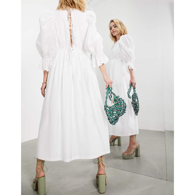 ASOS EDITION puff sleeve midi dress with tie back detail in white | ASOS