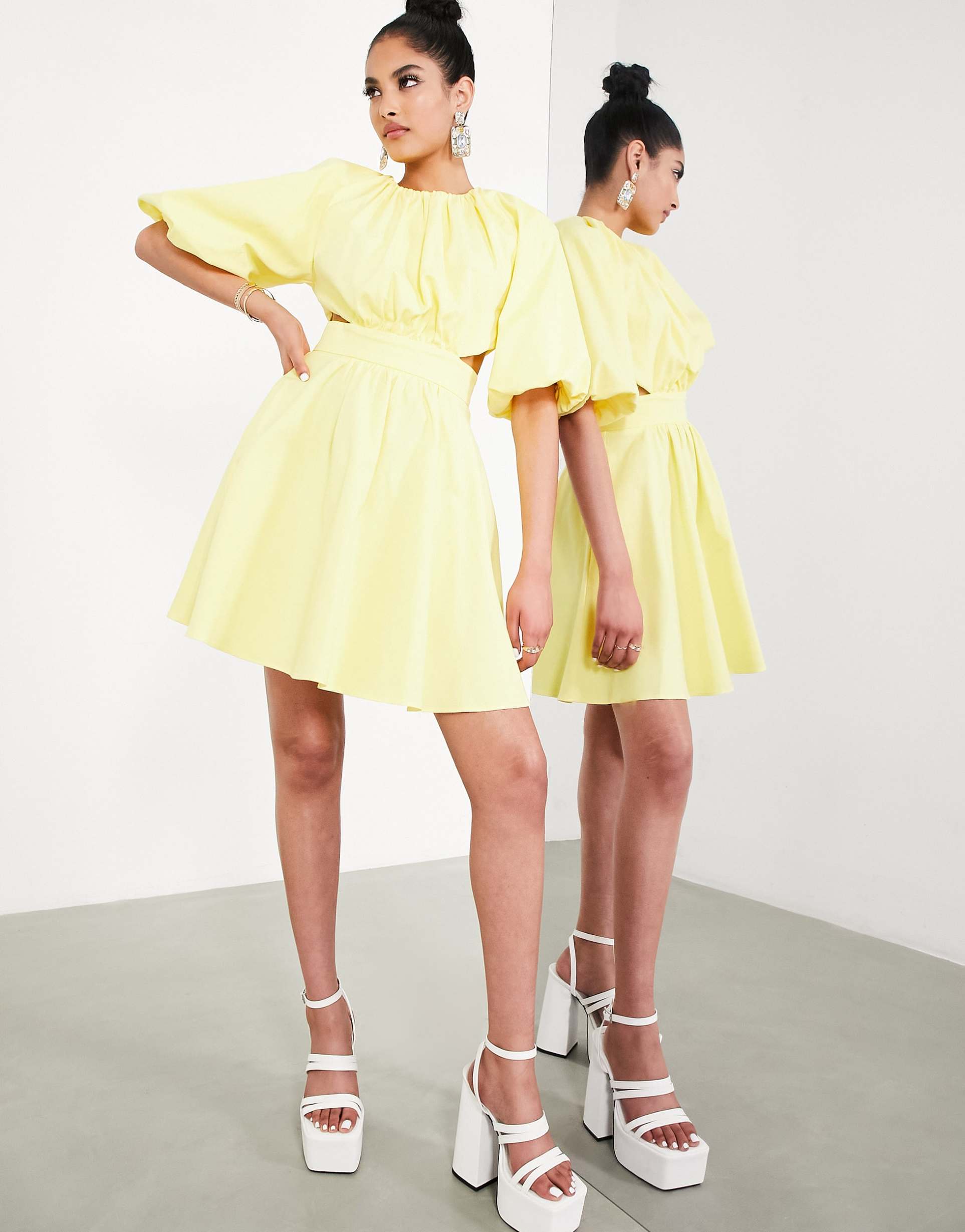 asos edition puff sleeve mini dress with cut out back in lemon