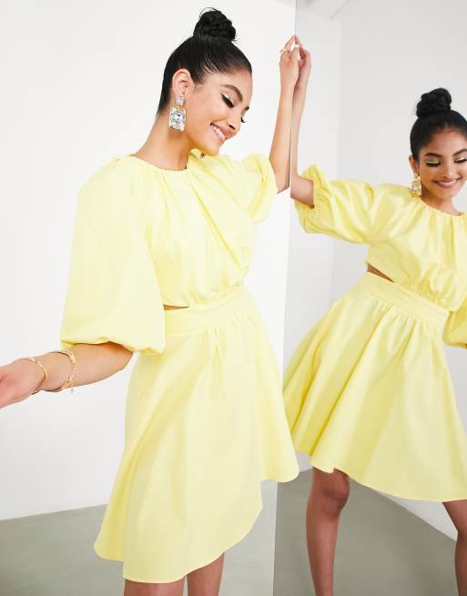 ASOS EDITION puff sleeve mini dress with cut out back in lemon