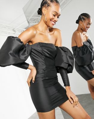ASOS EDITION puff sleeve off shoulder mini dress in black