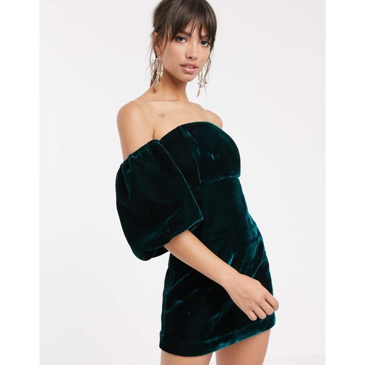 ASOS EDITION puff sleeve off shoulder mini dress in velvet | ASOS