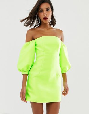 neon yellow off the shoulder dress