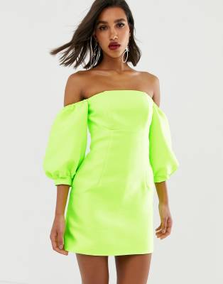 neon green off the shoulder dress