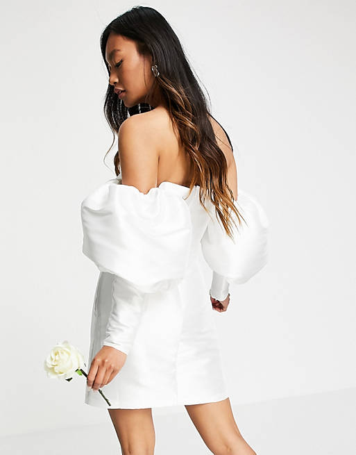 Designer Brands puff sleeve off shoulder mini wedding dress 