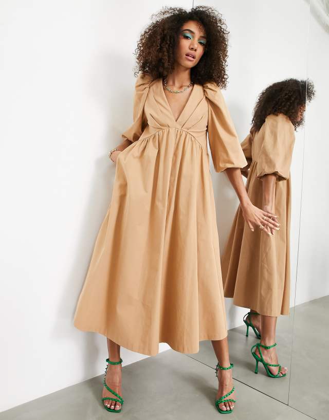 ASOS EDITION puff sleeve smock midi dress in camel