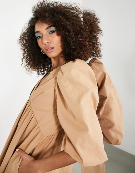 ASOS EDITION oversized wrap smock top with blouson sleeve in camel