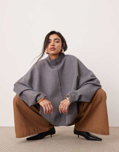 ASOS EDITION - Pull en maille compacte de qualité supérieure avec col cheminée et détail cousu - Gris chiné - view 1
