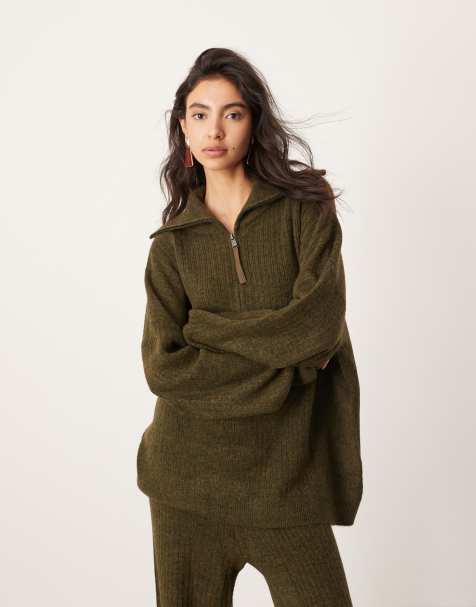 ASOS EDITION - Pull oversize d'ensemble en maille côtelée à col zippé - Kaki - view 1