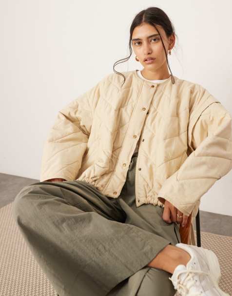 ASOS EDITION quilted bomber shacket with drawstring waist in stone - view 1