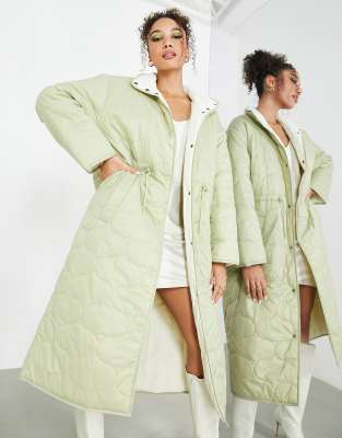 Asos Design Asos Edition Quilted High Neck Coat With Drawstring In Sage Green