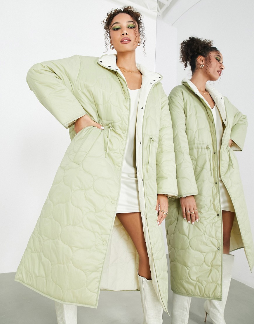 ASOS Edition quilted high neck coat with drawstring in sage green