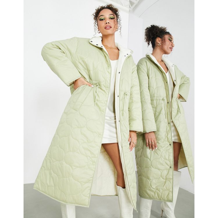 ASOS Edition quilted high neck coat with drawstring in sage green
