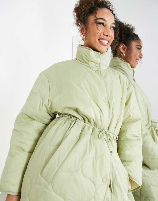 ASOS Edition quilted high neck coat with drawstring in sage green