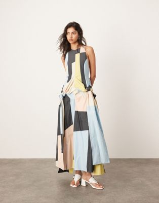 racer neck drop waist maxi dress with knot detail skirt in geometric print-Multi