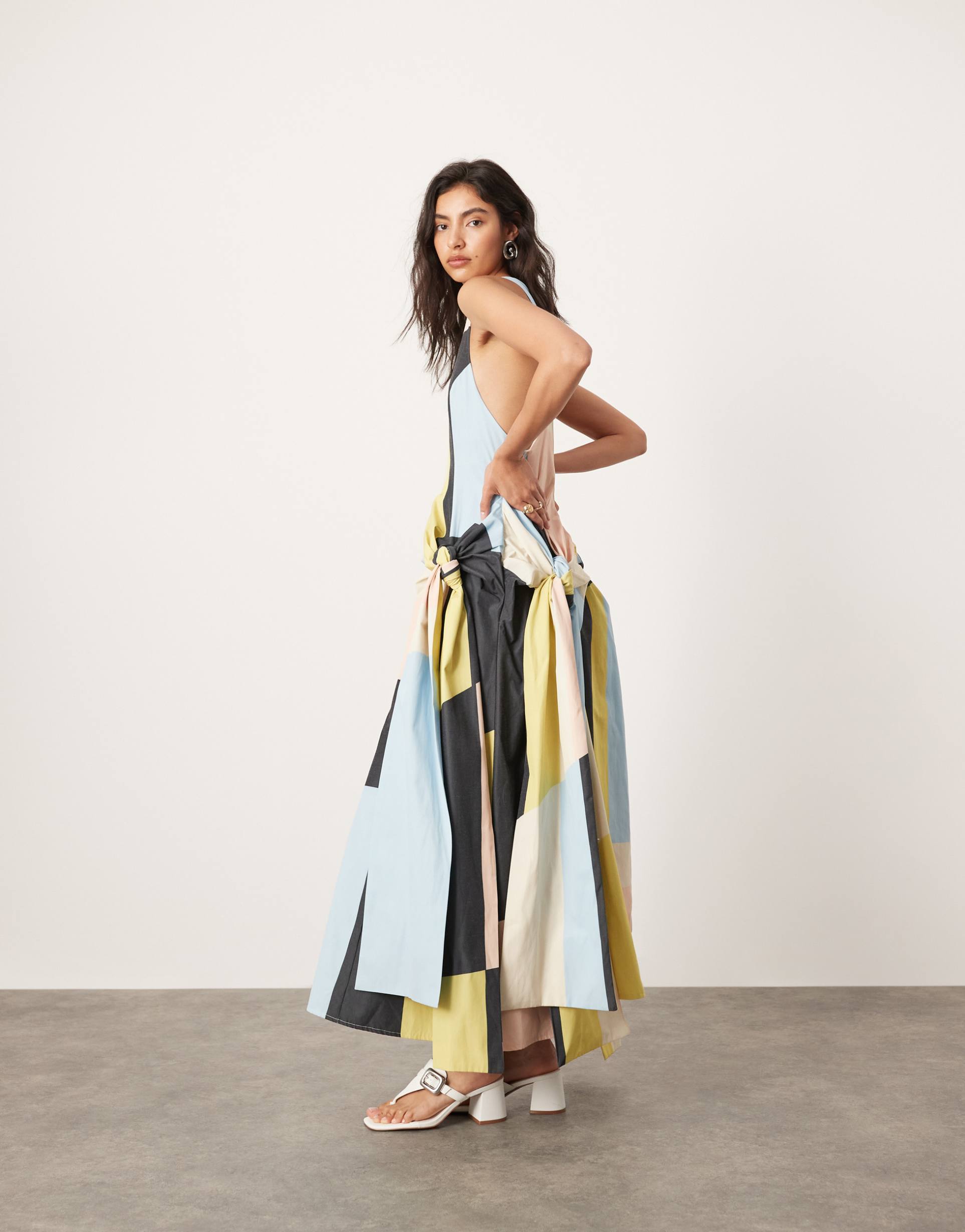 asos edition racer neck drop waist maxi dress with knot detail skirt in geometric print