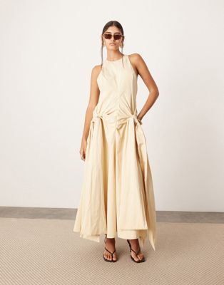 racer neck drop waist maxi dress with knot detail skirt in stone-Neutral