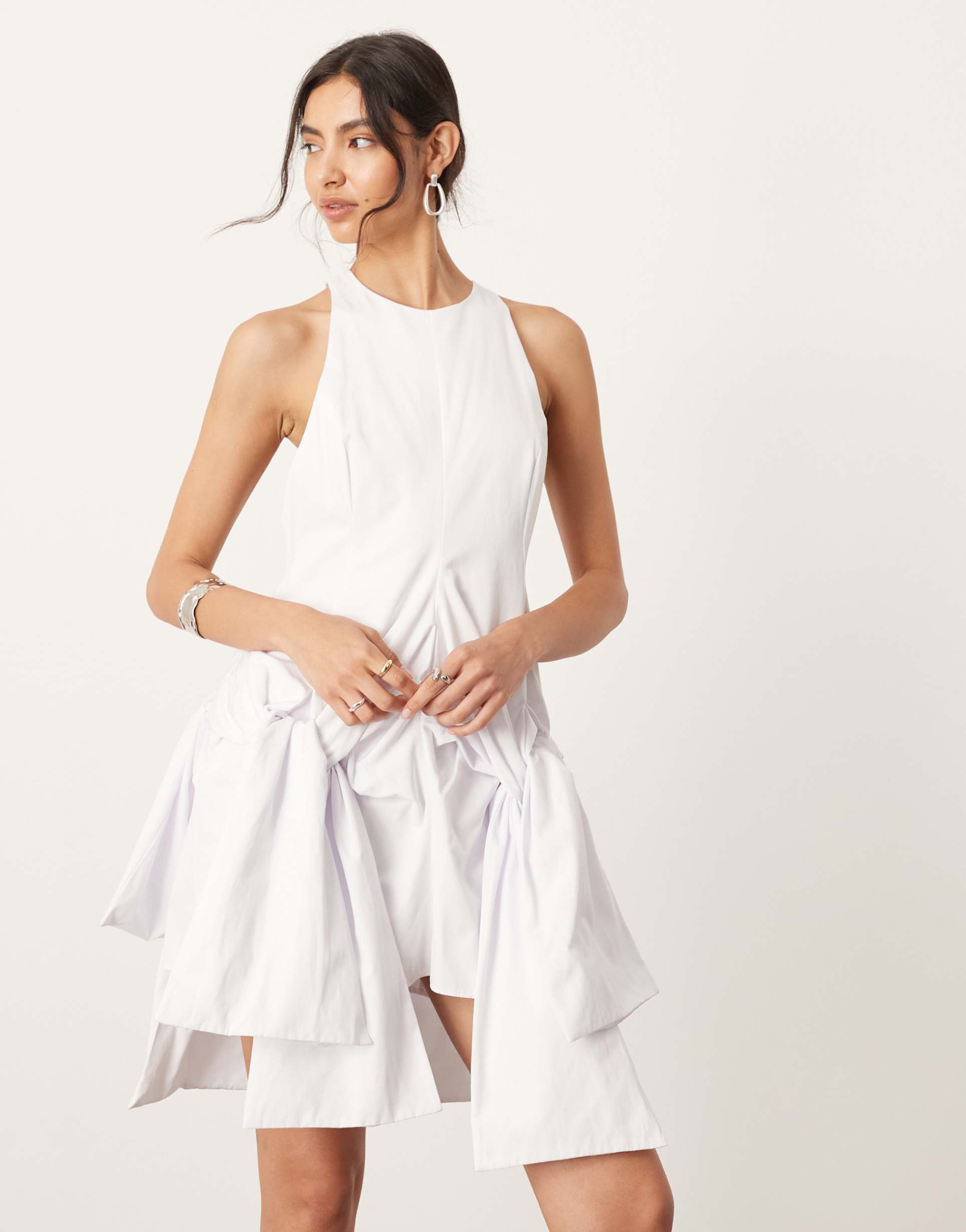 asos edition racer neck drop waist mini dress with knot detail skirt in white