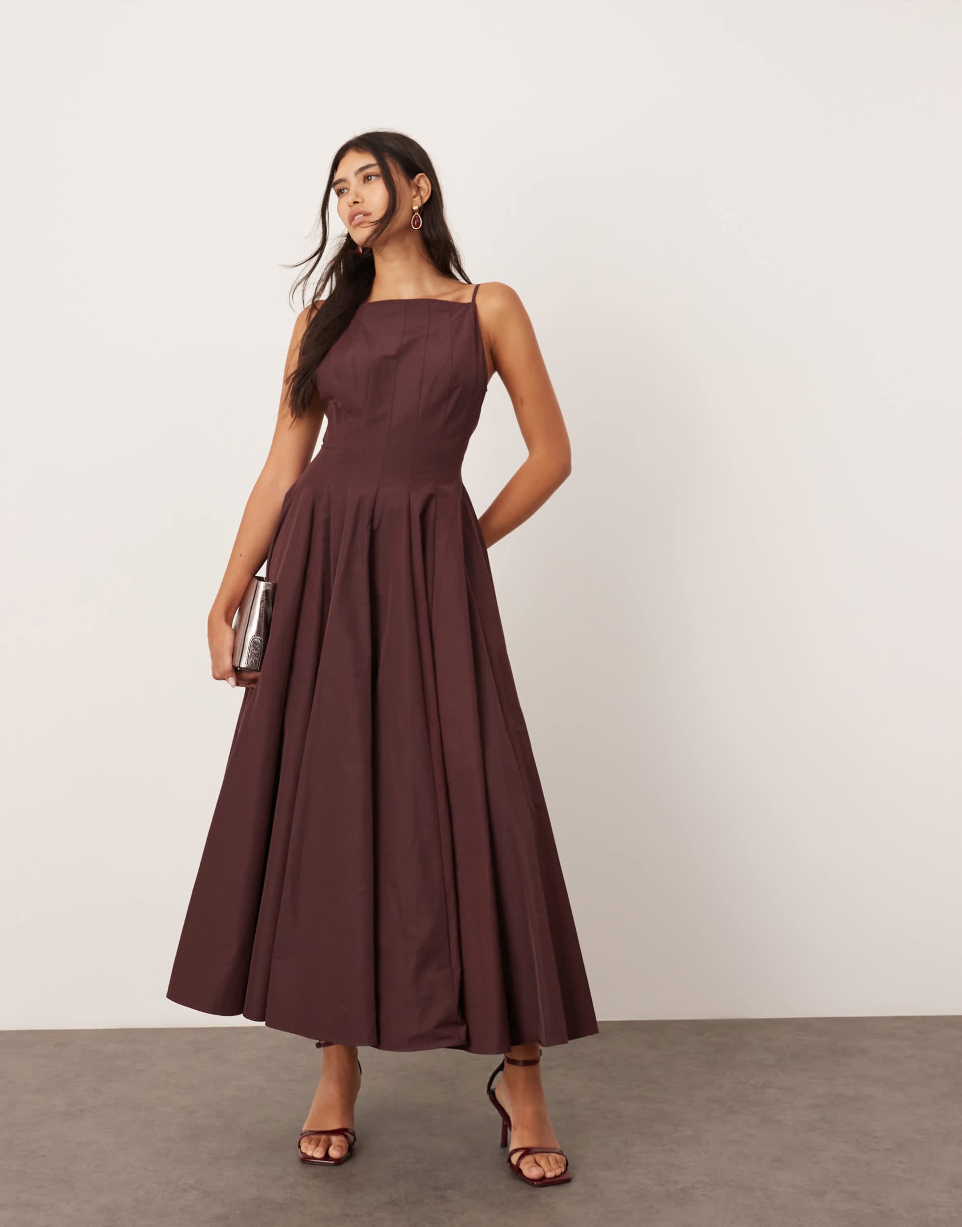 asos edition racer neck open back seam detail full maxi dress in burgundy