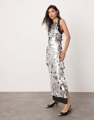 ASOS EDITION raw edge irregular sequin open back midaxi dress in silver-Multi