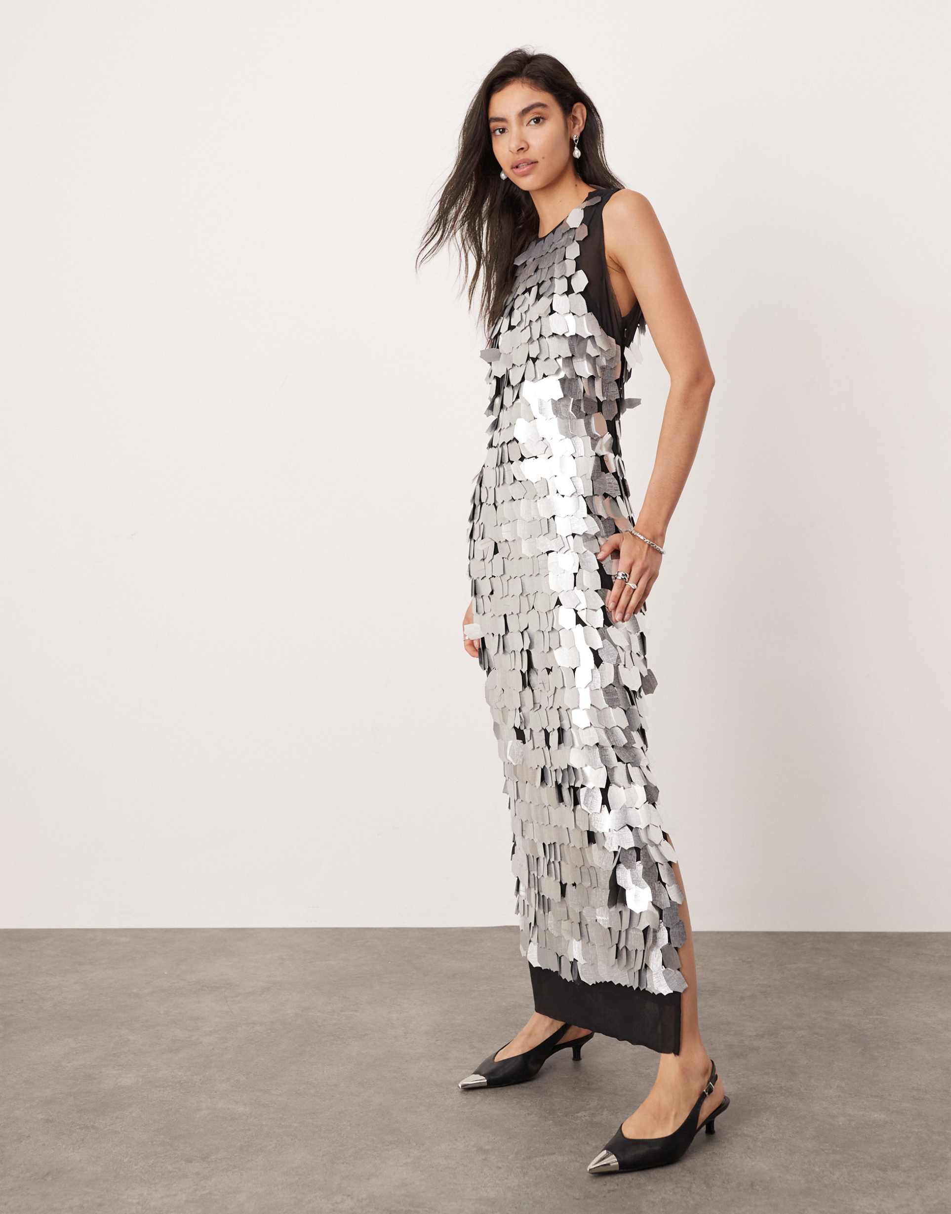 asos edition raw edge irregular sequin open back midaxi dress in silver