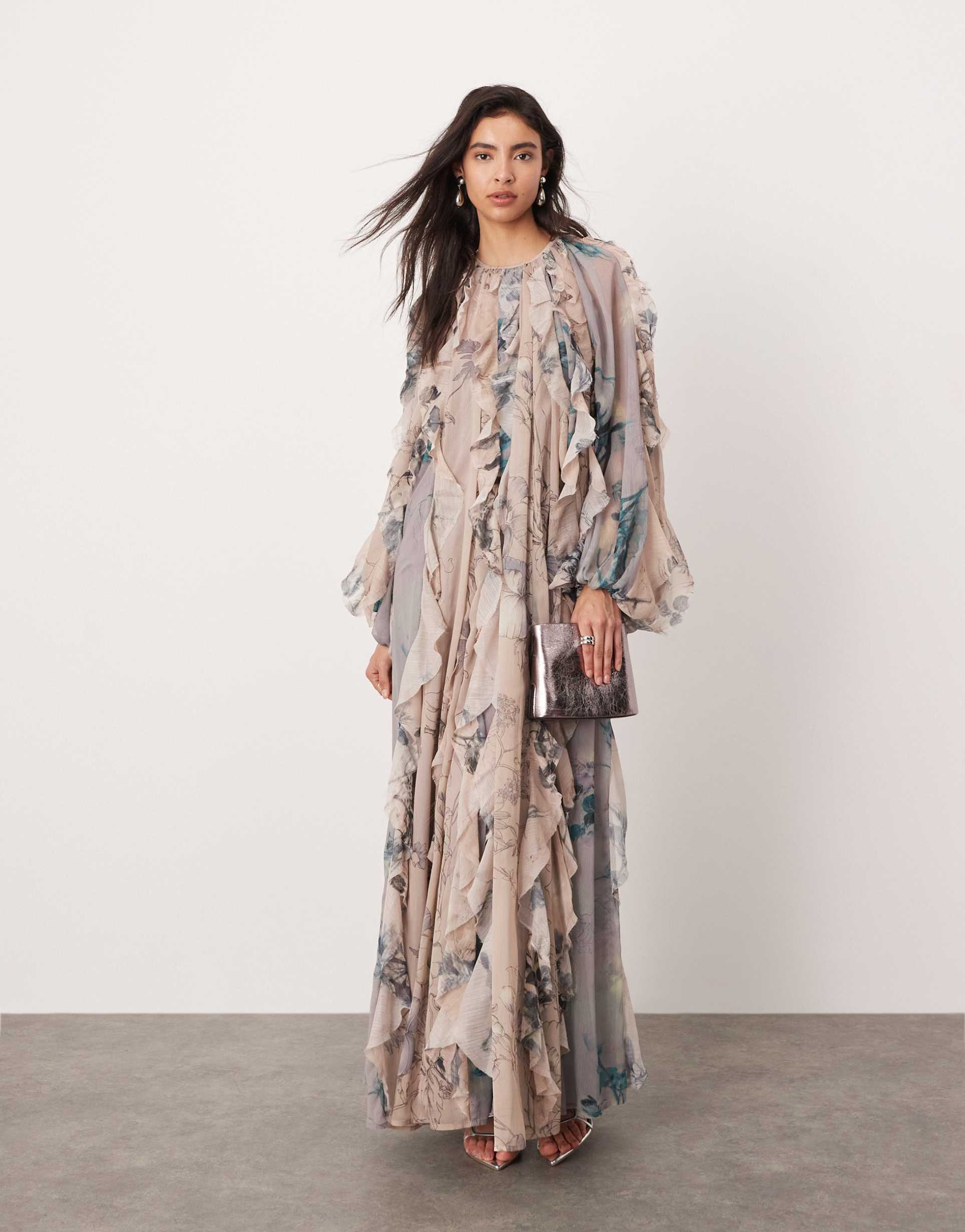 asos edition raw edge ruffle maxi dress with balloon sleeve in mixed floral print