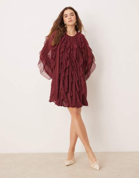 ASOS EDITION raw edge ruffle mini dress with balloon sleeve in burgundy - view 1