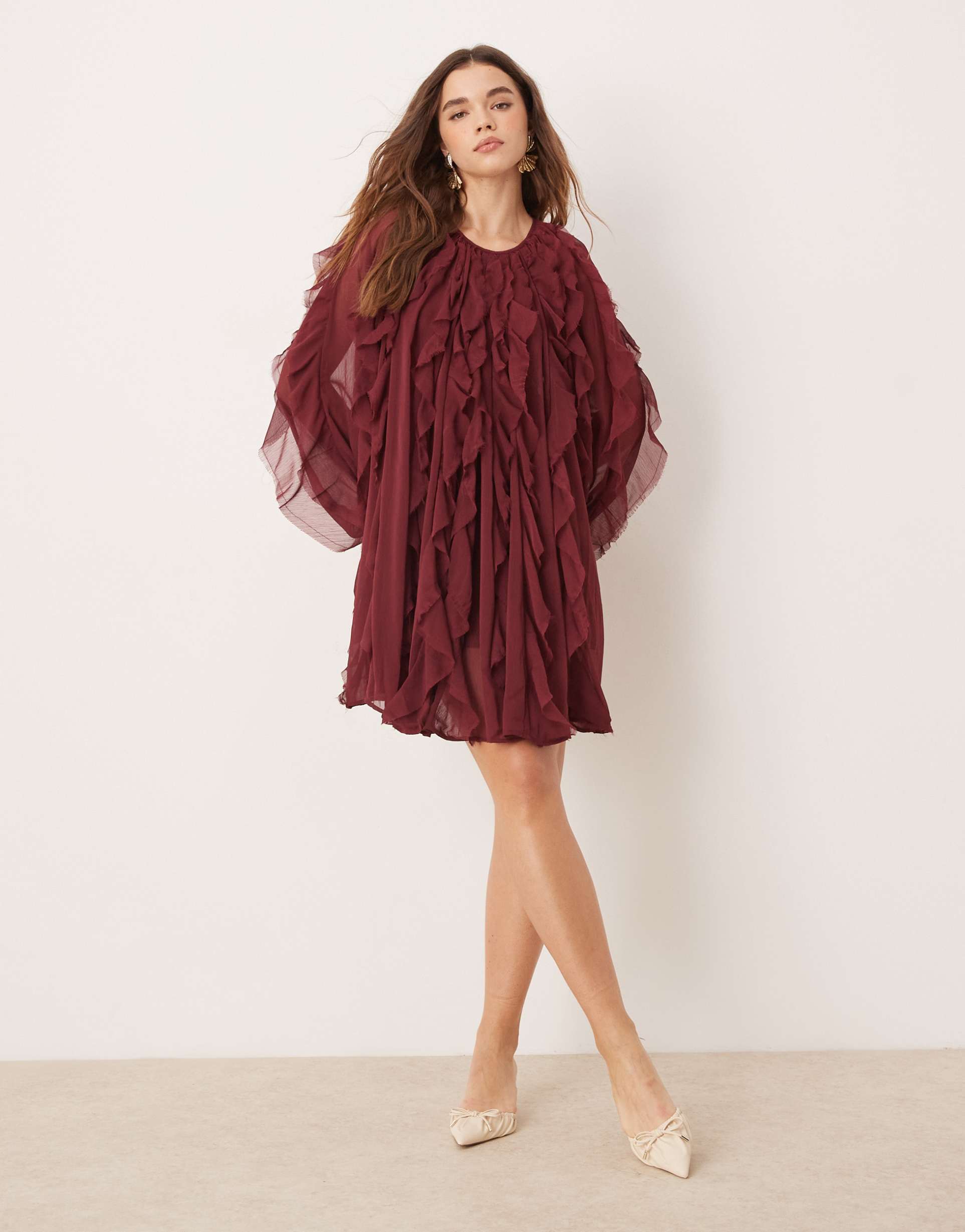 asos edition raw edge ruffle mini dress with balloon sleeve in burgundy