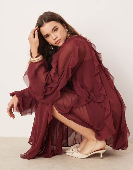 ASOS EDITION raw edge ruffle mini dress with balloon sleeve in burgundy, 2 of 4