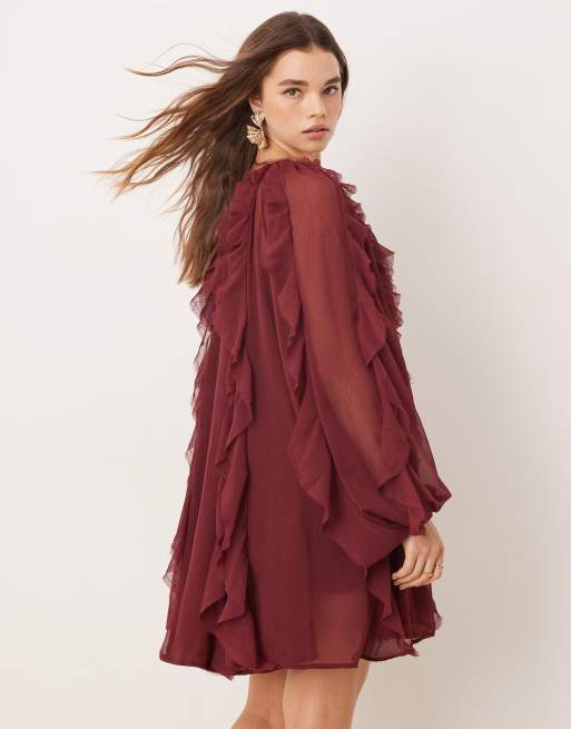 ASOS EDITION raw edge ruffle mini dress with balloon sleeve in burgundy, 3 of 4