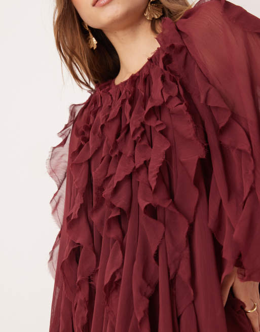ASOS EDITION raw edge ruffle mini dress with balloon sleeve in burgundy, 4 of 4