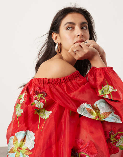 ASOS EDITION - Rød bardot-minikjole med broderet blomstermønster i organza, 2 af 4