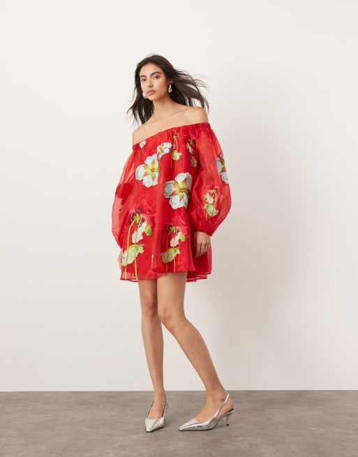 ASOS EDITION - Rød bardot-minikjole med broderet blomstermønster i organza, 3 af 4