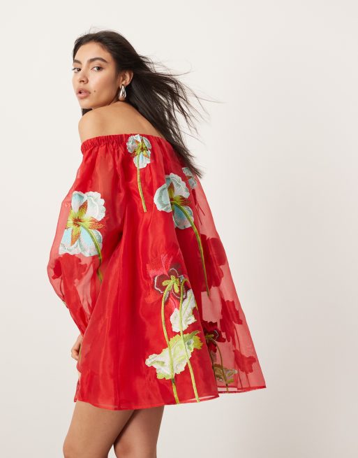 ASOS EDITION - Rød bardot-minikjole med broderet blomstermønster i organza, 4 af 4
