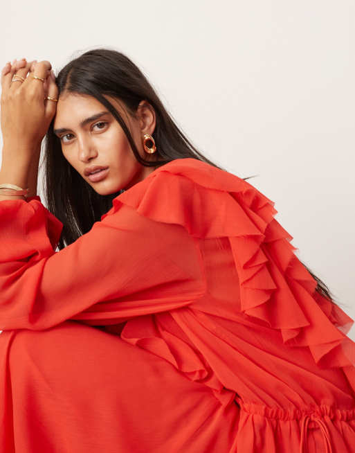ASOS EDITION - Rød maxikjole med rå kanter, flæser og løbesnor i taljen i chiffon , 3 af 4