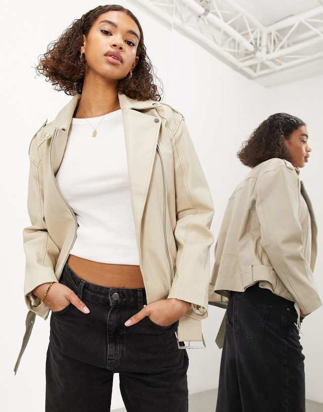 ASOS EDITION real leather oversized moto jacket in stone