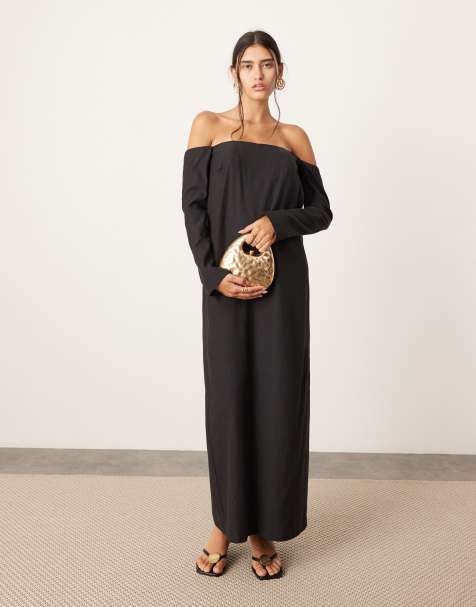ASOS EDITION - Rechte maxi-jurk met blote schouders, structuur en zakken in zwart - view 1