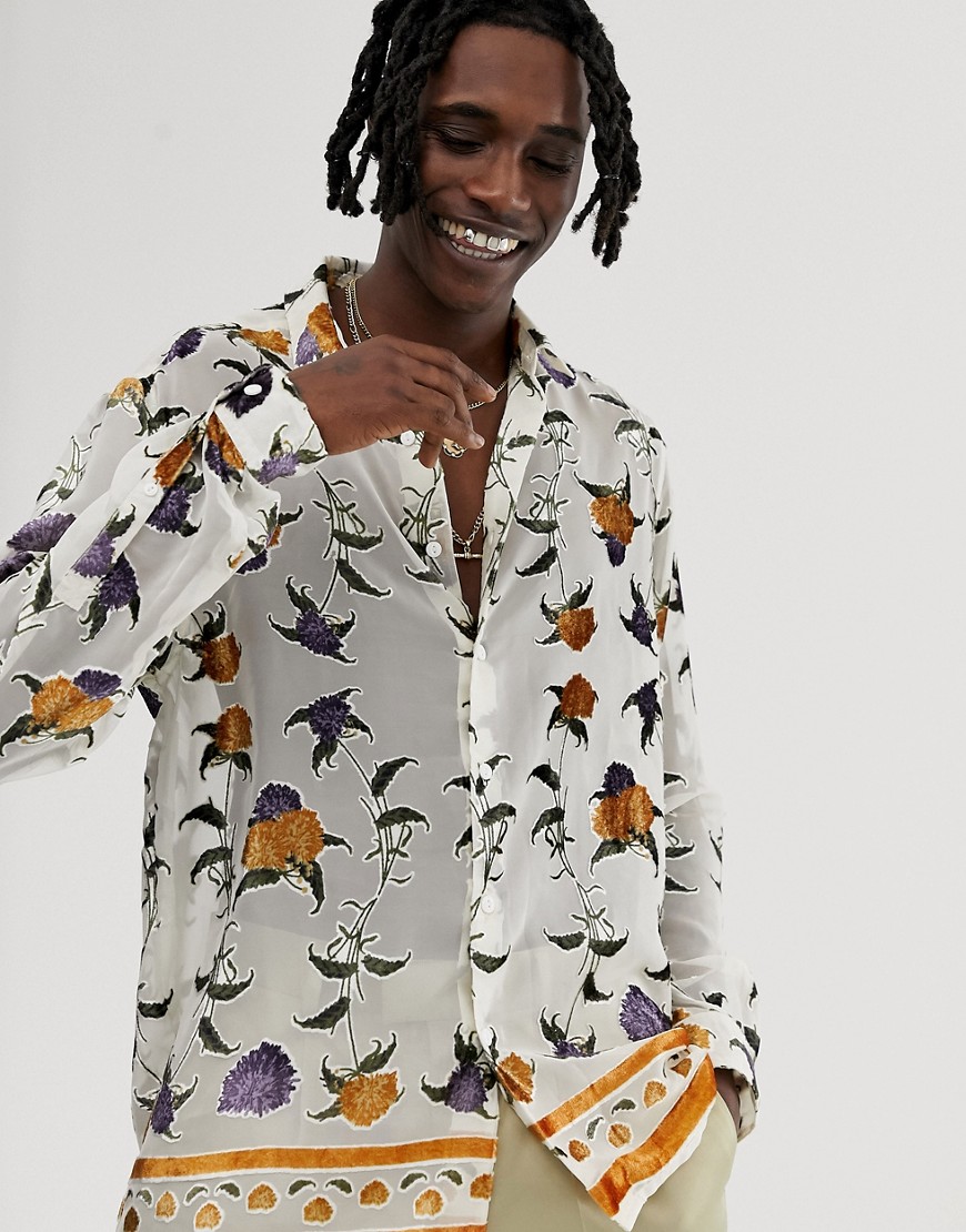 ASOS EDITION - Regular-fit burn-out overhemd met zoom aan de rand en bloemenprint-Wit